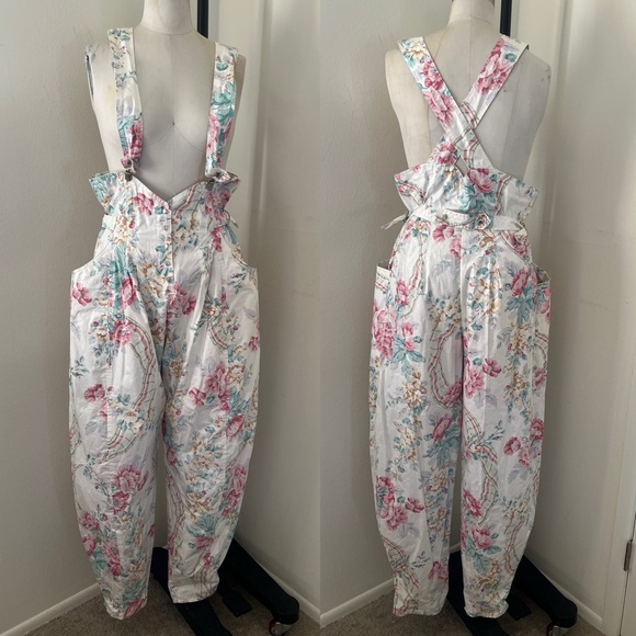 Karen Alexander Cabbage Rose High Waisted Mom Suspender Jumpsuit Overalls 14 L - Picture 1 of 10